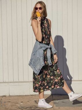 Theory Lewie Midi Dress Silk Sleeveless Slit Garden Floral Print Botanical Black